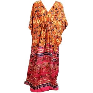 Winlar Size OSFM Animal Print Floral V-Neck Satiny Kaftan Muumuu Pink Orange